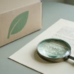 Kartonnen verpakking met een groen blad-symbool naast een vergrootglas op een bedrukt vel papier