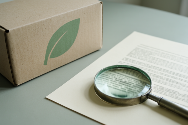 Kartonnen verpakking met een groen blad-symbool naast een vergrootglas op een bedrukt vel papier