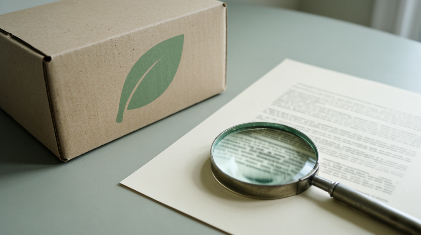 Kartonnen verpakking met een groen blad-symbool naast een vergrootglas op een bedrukt vel papier