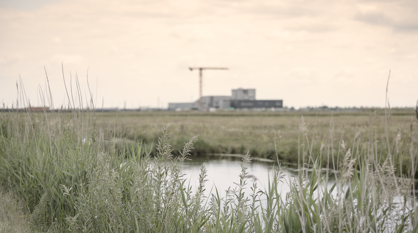 Nederlands polderlandschap met riet op de voorgrond en een industrieel gebouw met bouwkraan aan de horizon